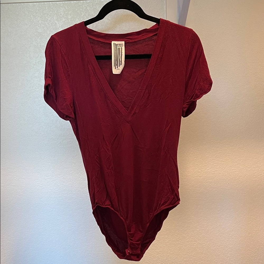 Free People Red V-Neck Fitted Bodysuit